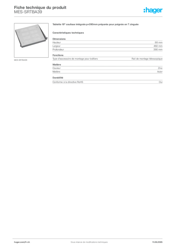 Image Hager Fiche technique du produit MES-SRTBA39 | Hager Suisse