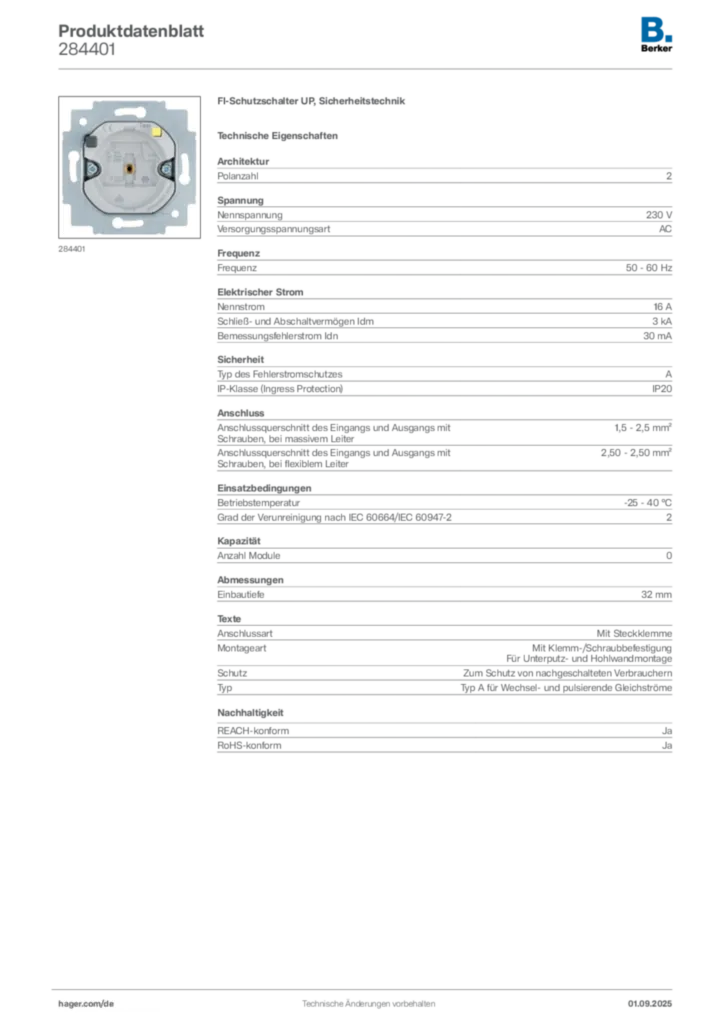 Bild Berker Produktdatenblatt 284401 | Hager Deutschland