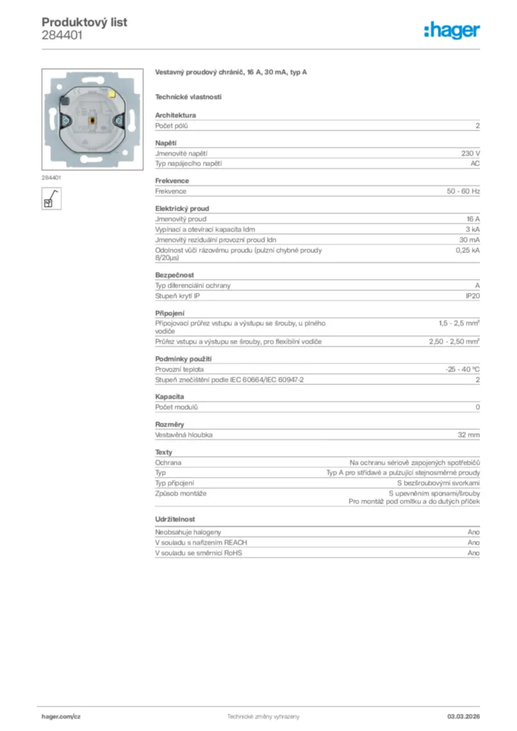 Obrázek Hager Product data sheet 284401 | Hager