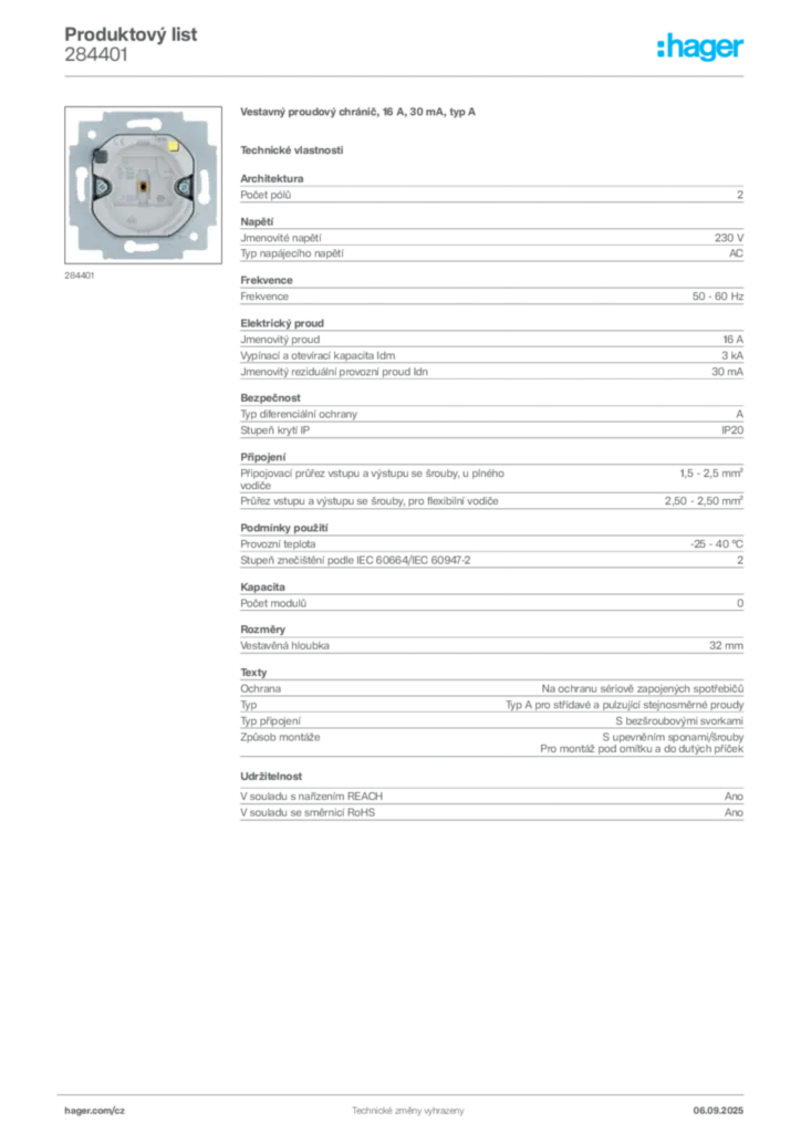 Obrázek Hager Produktový list 284401 | Hager