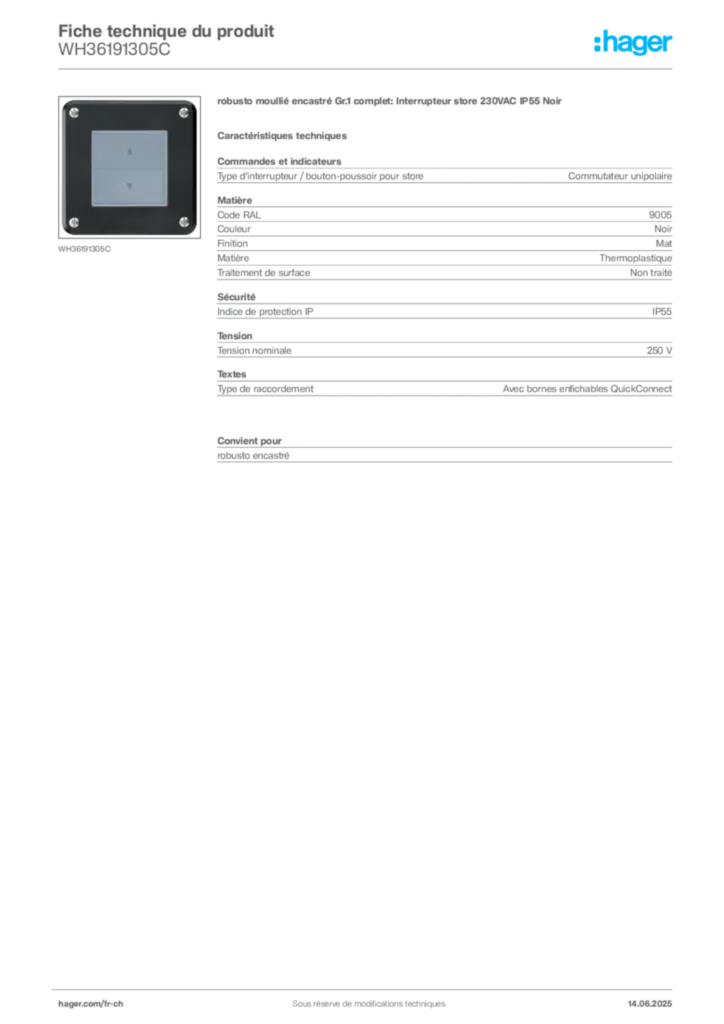 Image Hager Fiche technique du produit WH36191305C | Hager Suisse