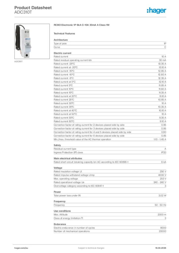 Image Hager Product data sheet ADC310T  | Hager Australia