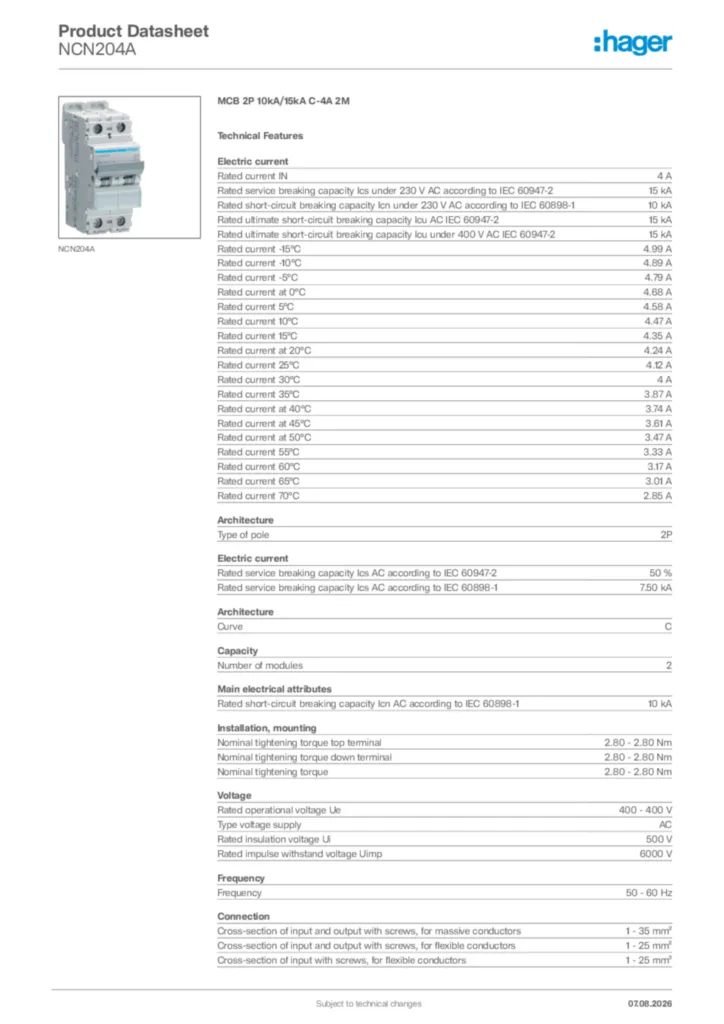 Image Hager Product data sheet NCN204A  | Hager Africa