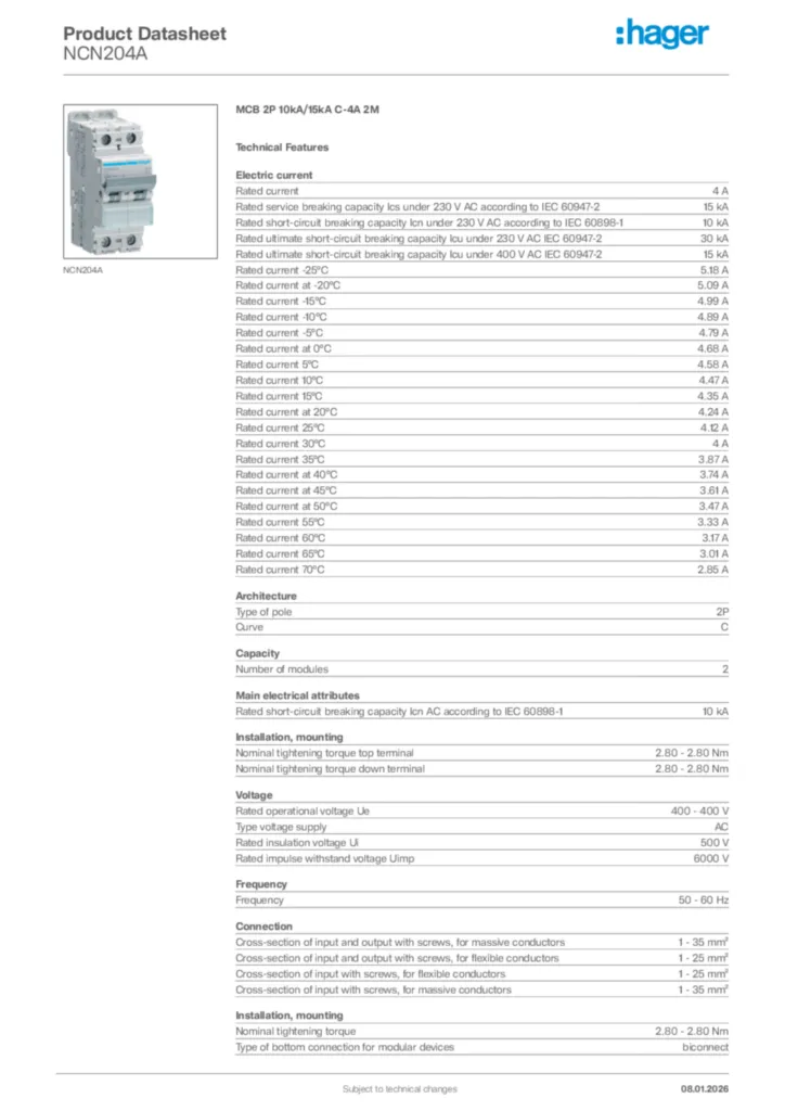 Image Hager Product data sheet NCN204A  | Hager Africa