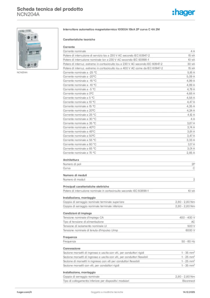 Immagine Hager Scheda tecnica del prodotto NCN204A | Hager Italia