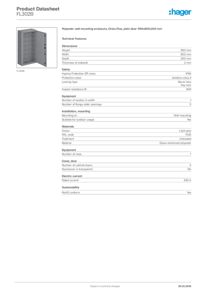 Image Hager Product data sheet FL302B  | Hager Africa