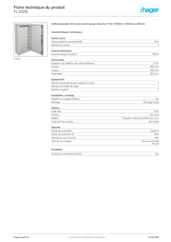 Image Hager Fiche technique du produit FL302B | Hager Suisse