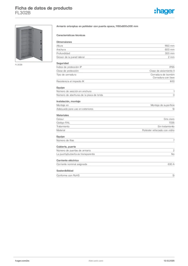 Imagen Hager Ficha de datos de producto FL302B | Hager España