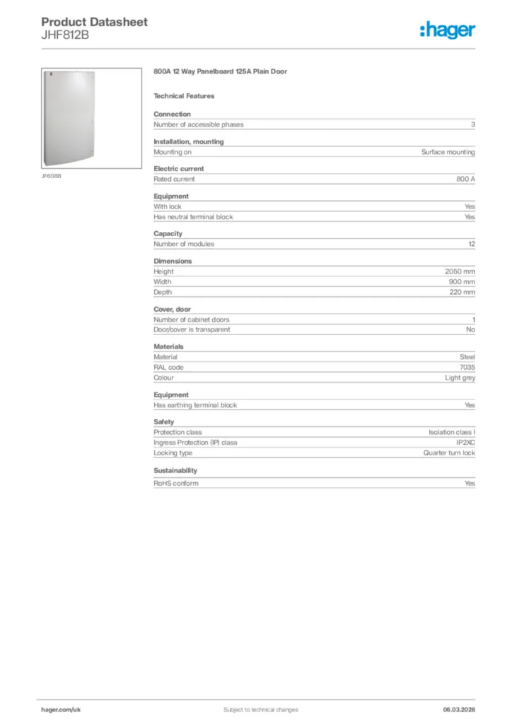 Image Hager Product data sheet JHF812B  | Hager