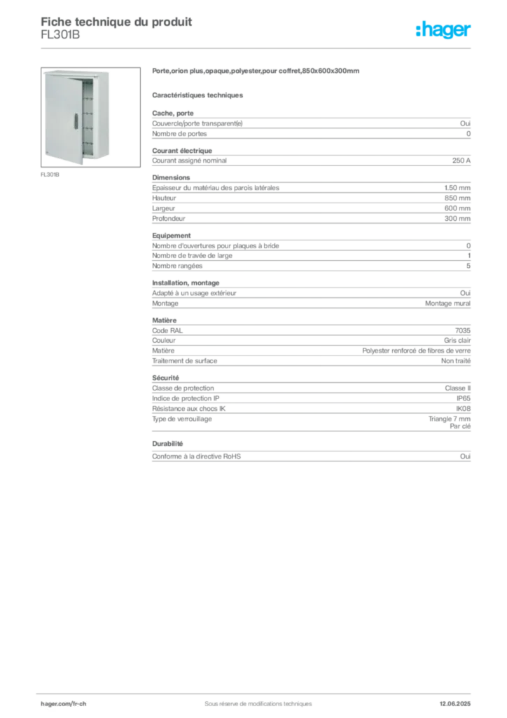 Image Hager Fiche technique du produit FL301B | Hager Suisse