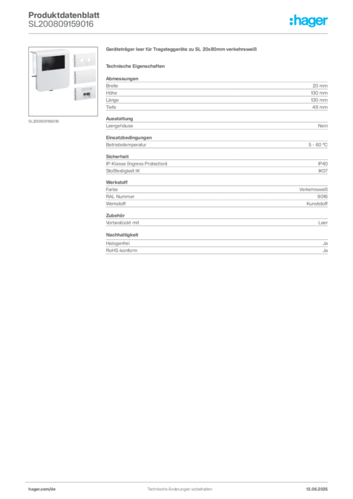 Bild Hager Produktdatenblatt SL200809159016 | Hager Deutschland