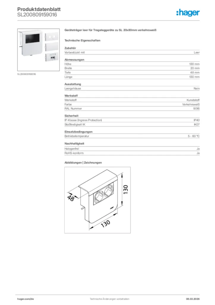 Bild Hager Produktdatenblatt SL200809159016 | Hager Deutschland