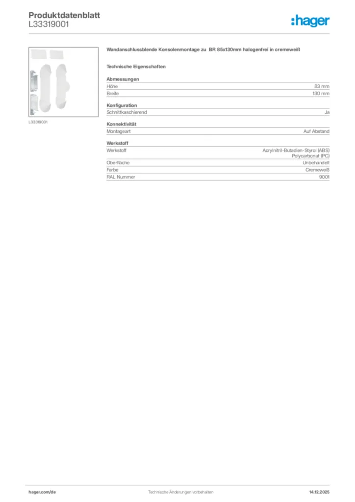 Bild Hager Produktdatenblatt L33319001 | Hager Deutschland