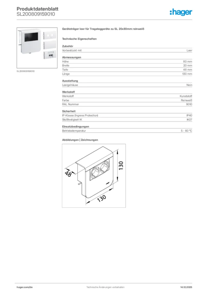 Bild Hager Produktdatenblatt SL200809159010 | Hager Deutschland