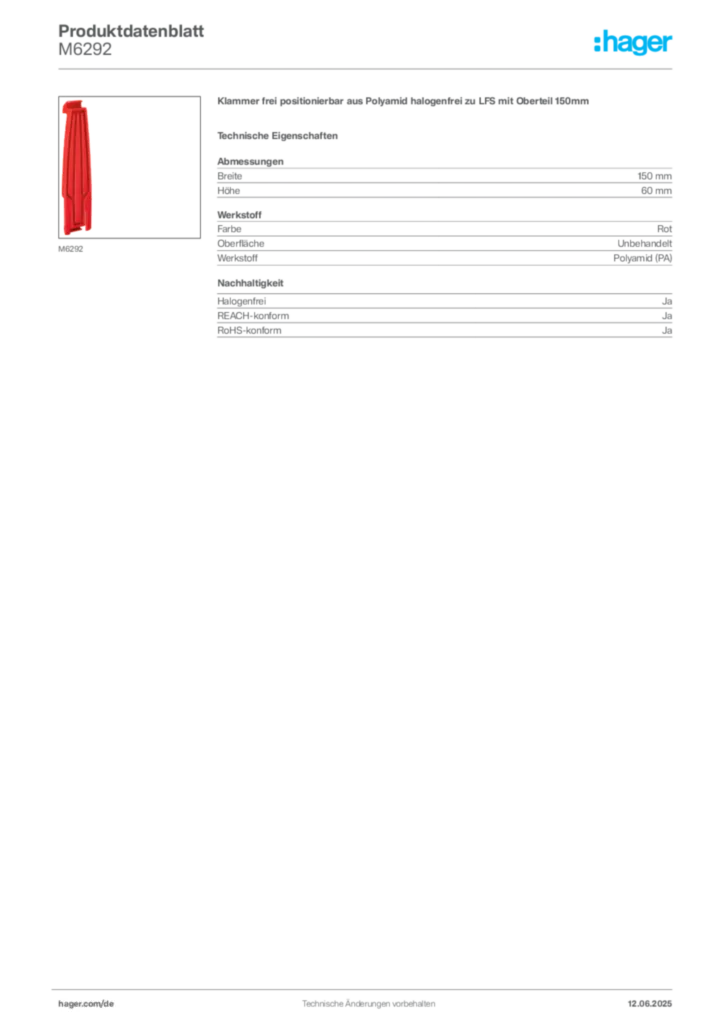 Bild Hager Produktdatenblatt M6292 | Hager Deutschland