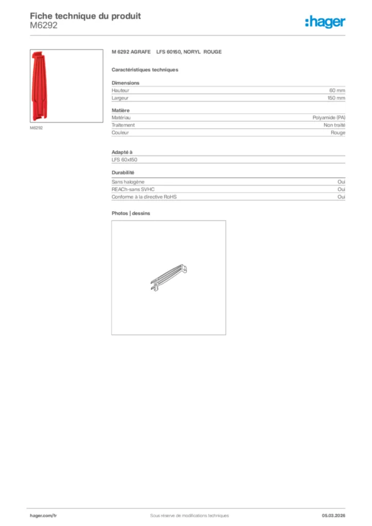 Image Hager Fiche technique du produit M6292 | Hager France
