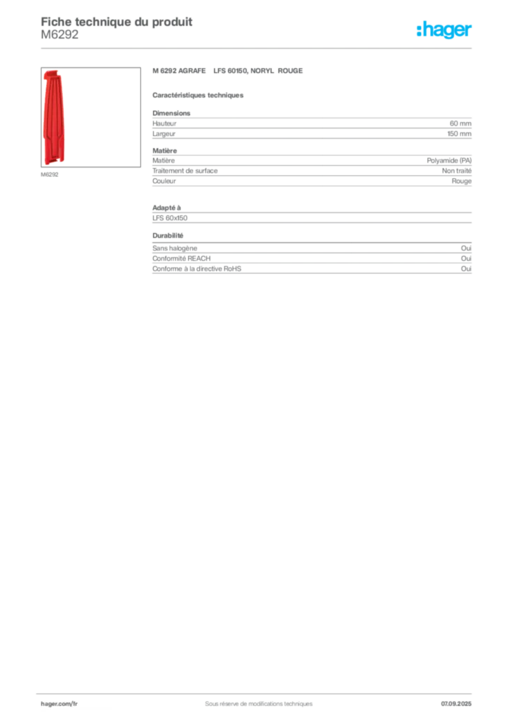 Image Hager Fiche technique du produit M6292 | Hager France