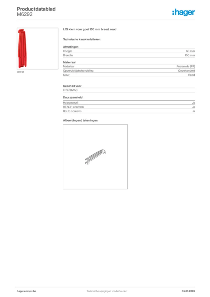 Afbeelding Hager Productdatablad M6292 | Hager Belgium