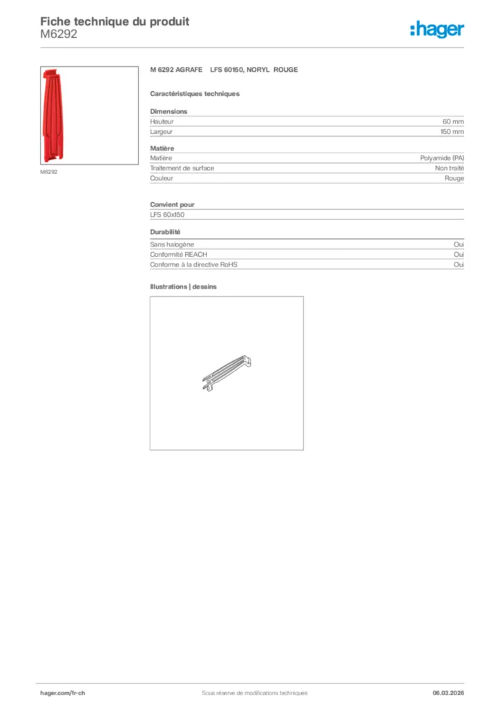 Image Hager Fiche technique du produit M6292 | Hager Suisse