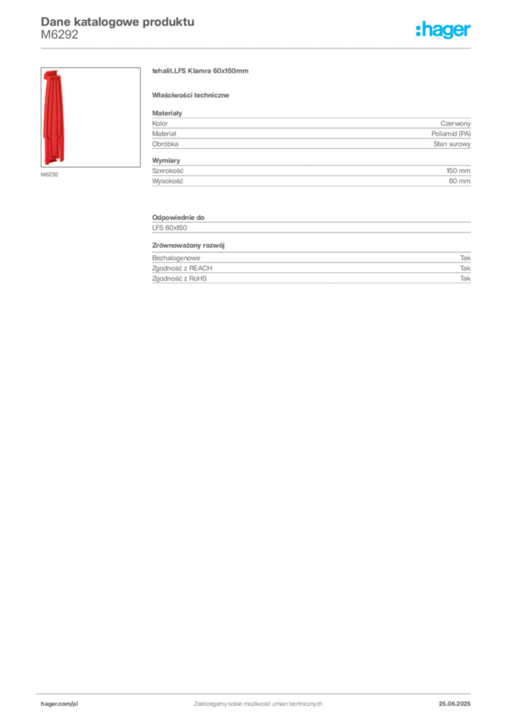 Zdjęcie Hager Karta katalogowa M6292 | Hager Polska