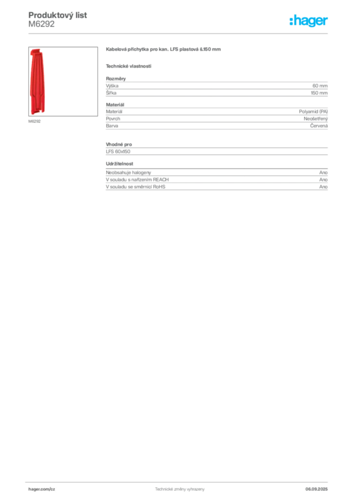 Obrázek Hager Produktový list M6292 | Hager