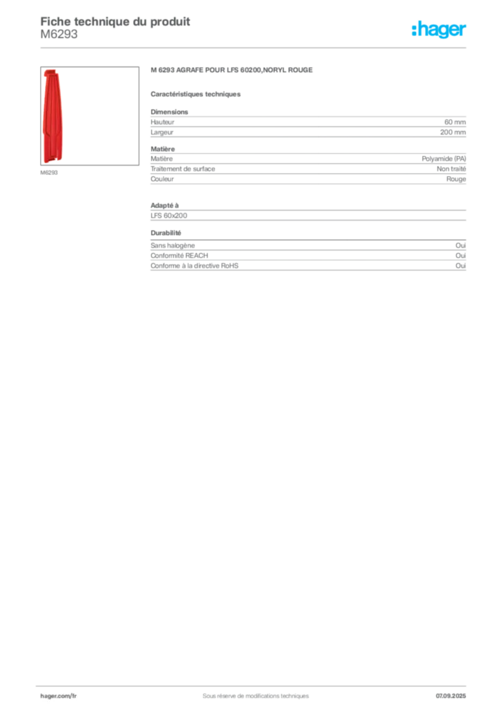 Image Hager Fiche technique du produit M6293 | Hager France