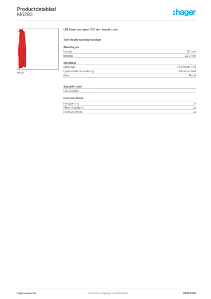Afbeelding Hager Productdatablad M6293 | Hager Belgium