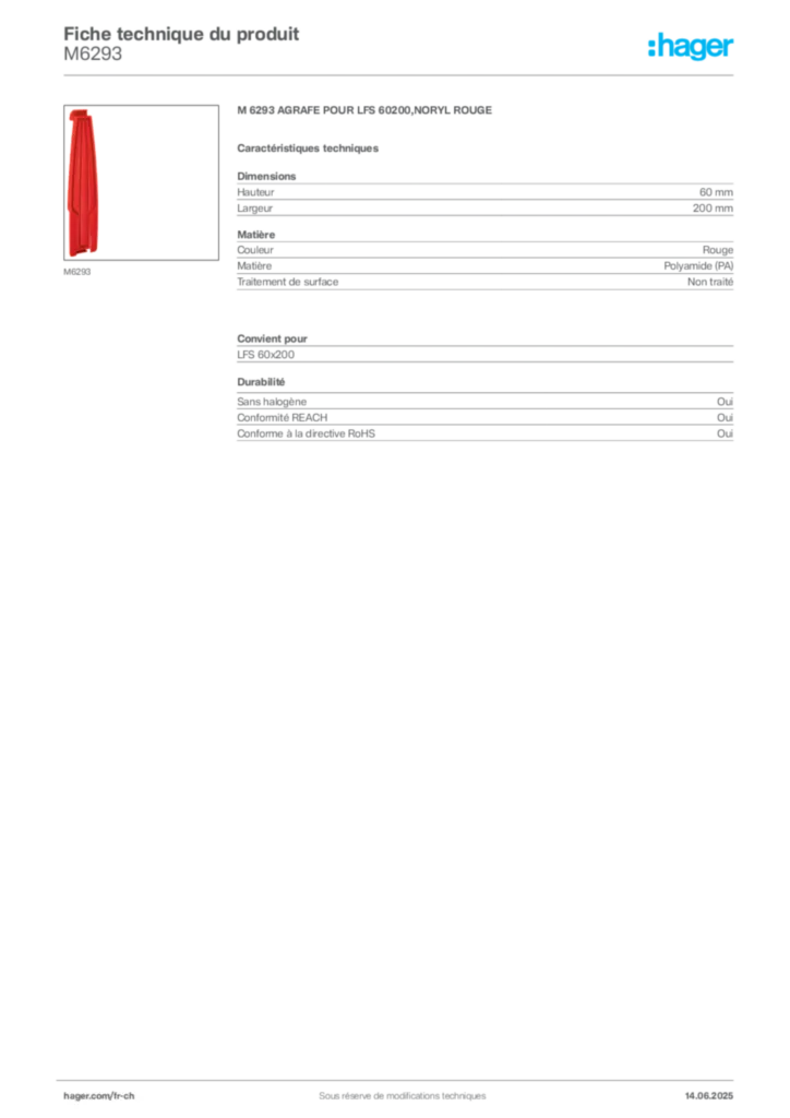 Image Hager Fiche technique du produit M6293 | Hager Suisse