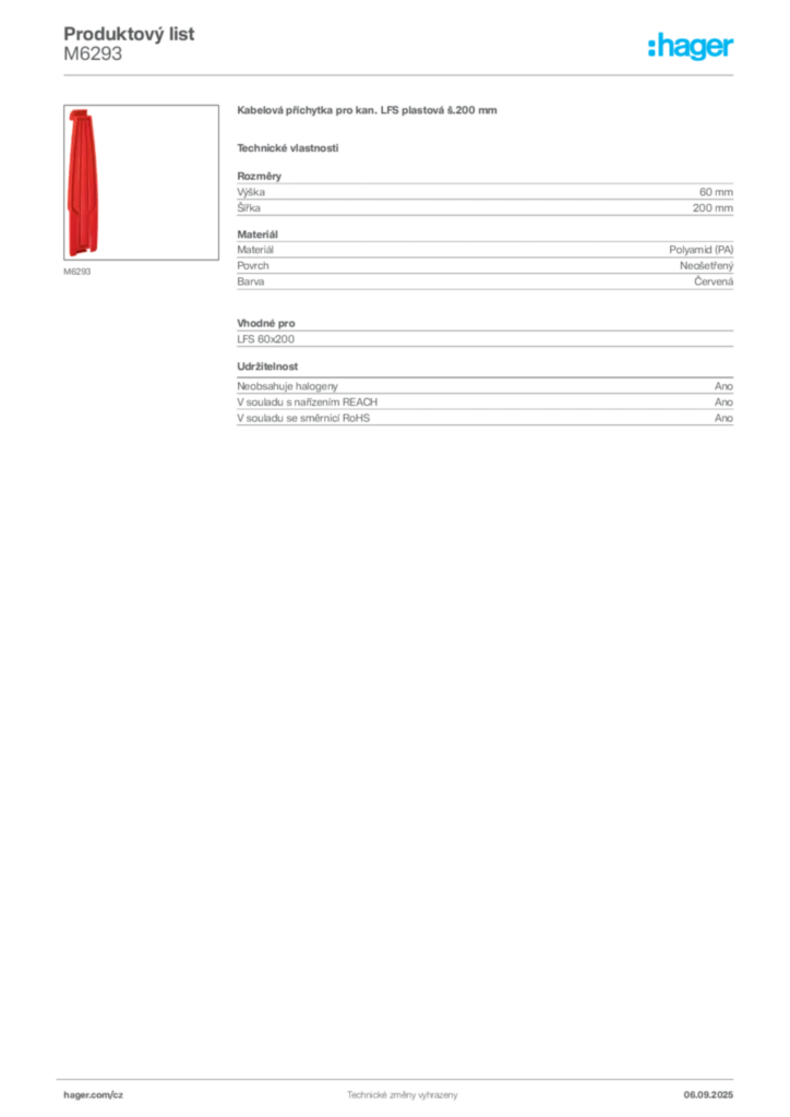 Obrázek Hager Produktový list M6293 | Hager