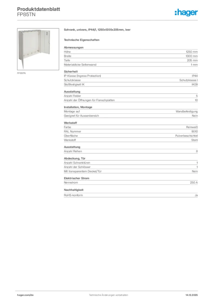 Bild Hager Produktdatenblatt FP85TN | Hager Deutschland