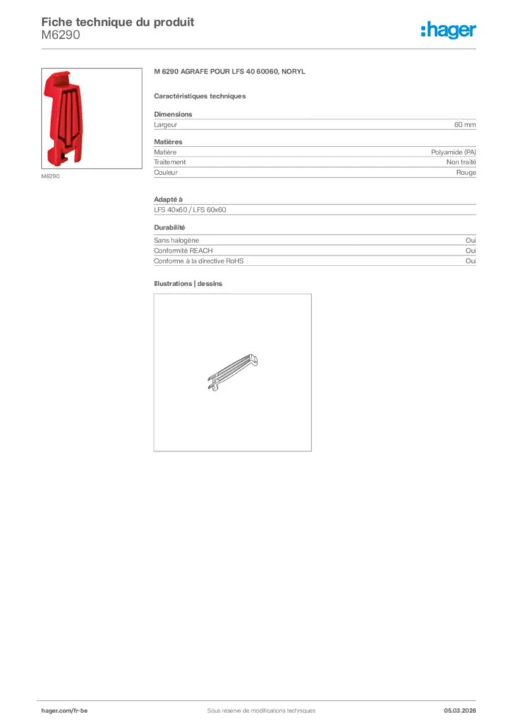 Image Hager Fiche technique du produit M6290 | Hager Belgique