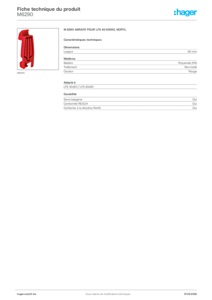 Image Hager Fiche technique du produit M6290 | Hager Belgique