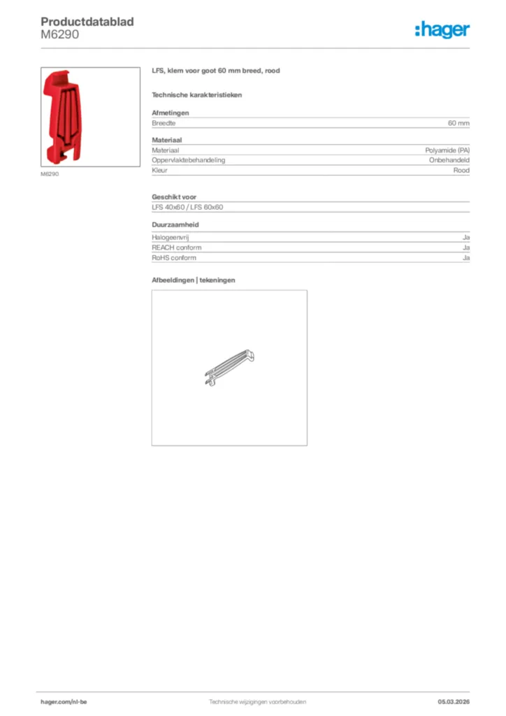 Afbeelding Hager Productdatablad M6290 | Hager Belgium