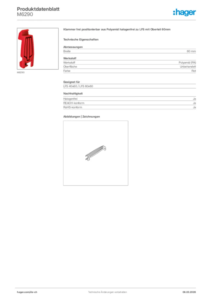 Bild Hager Produktdatenblatt M6290 | Hager Schweiz