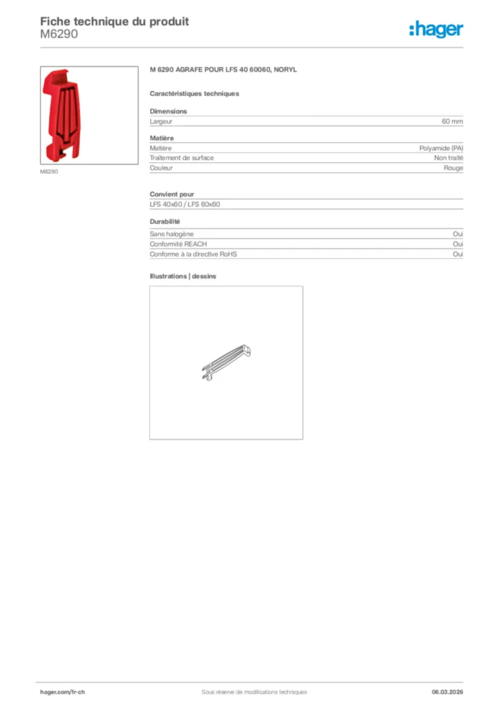 Image Hager Fiche technique du produit M6290 | Hager Suisse