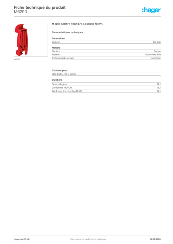 Image Hager Fiche technique du produit M6290 | Hager Suisse