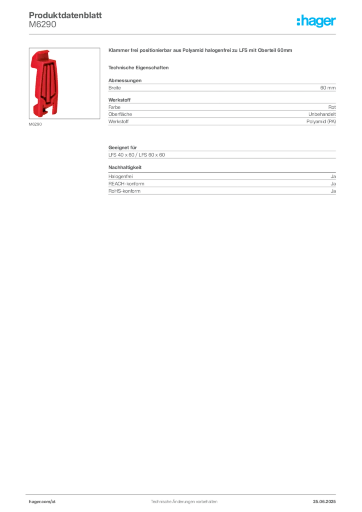 Bild Hager Produktdatenblatt M6290 | Hager Deutschland