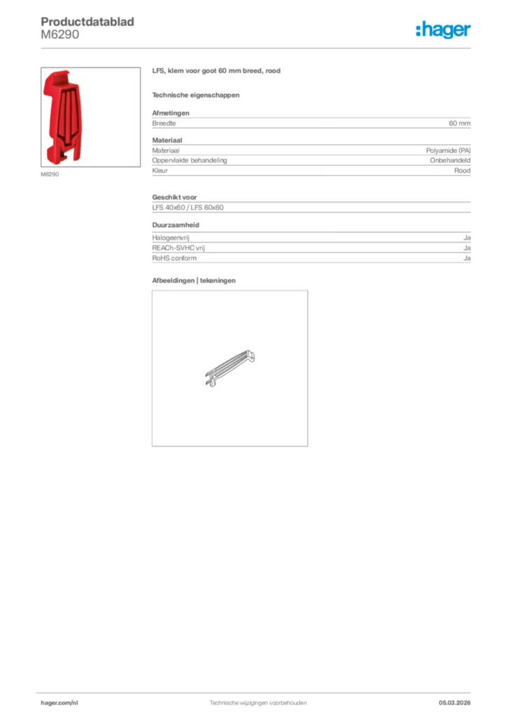 Afbeelding Hager Productdatablad M6290 | Hager Nederland