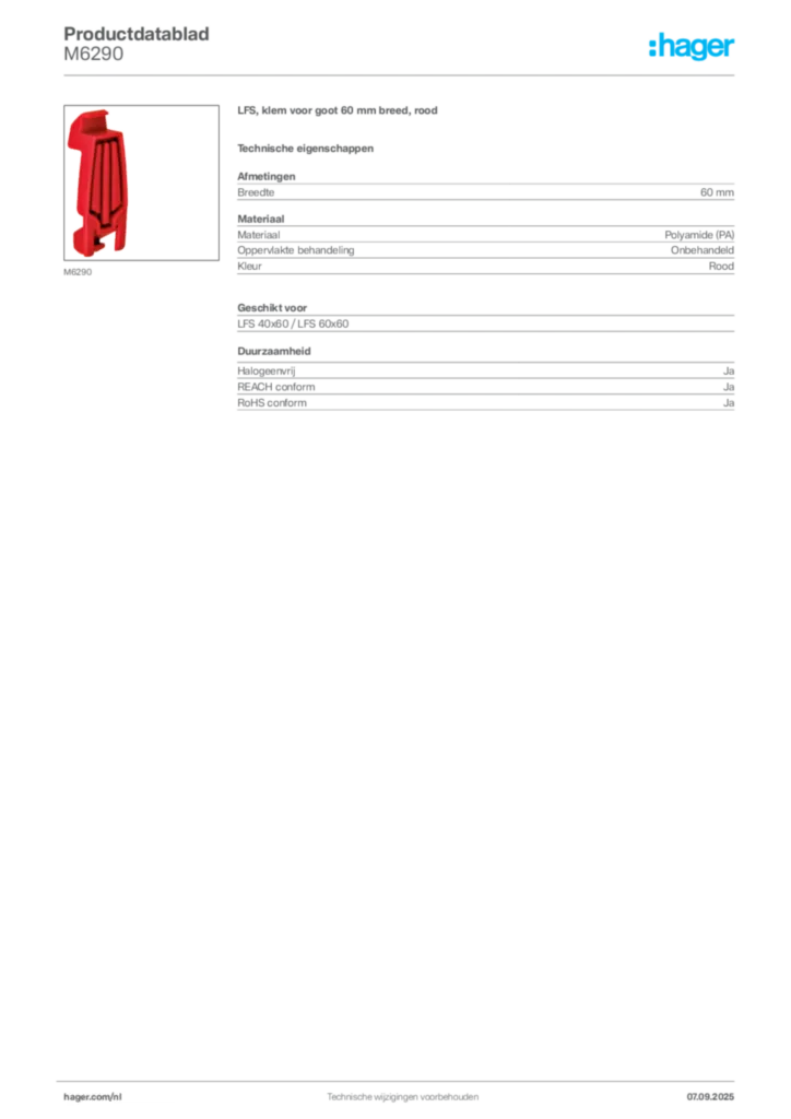 Afbeelding Hager Productdatablad M6290 | Hager Nederland