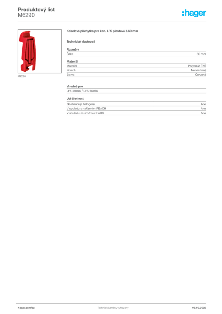 Obrázek Hager Produktový list M6290 | Hager