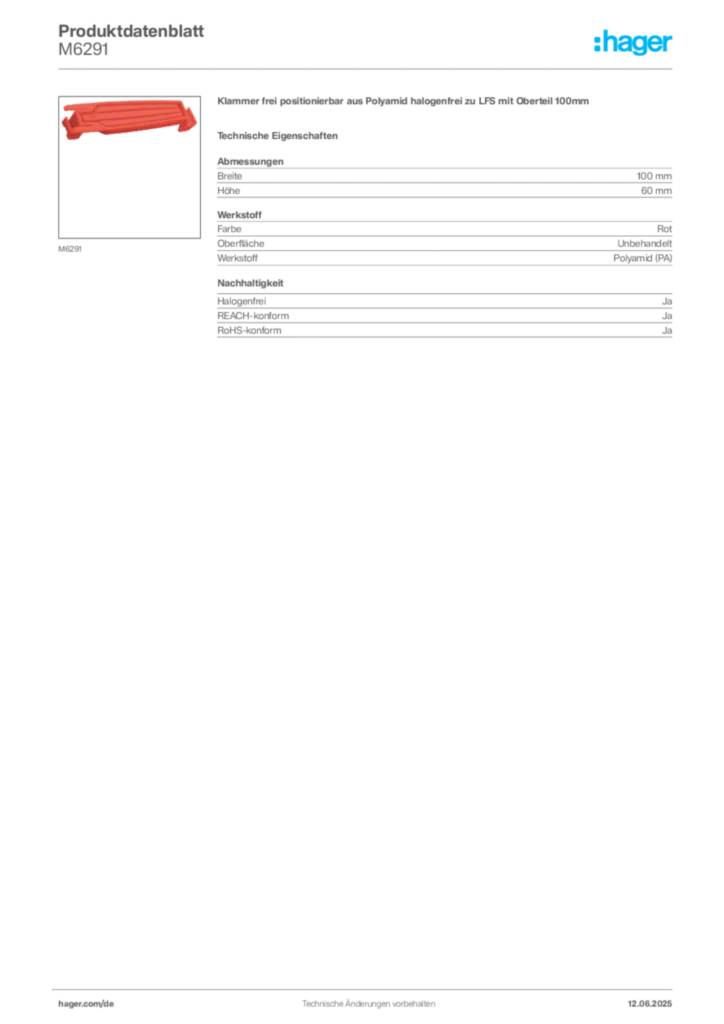 Bild Hager Produktdatenblatt M6291 | Hager Deutschland