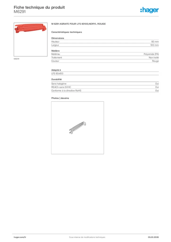 Image Hager Fiche technique du produit M6291 | Hager France