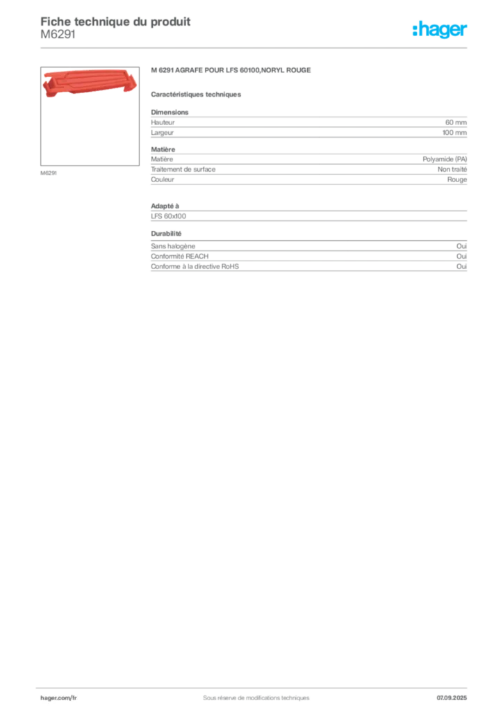 Image Hager Fiche technique du produit M6291 | Hager France