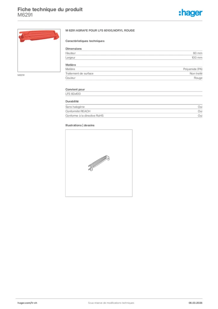 Image Hager Fiche technique du produit M6291 | Hager Suisse