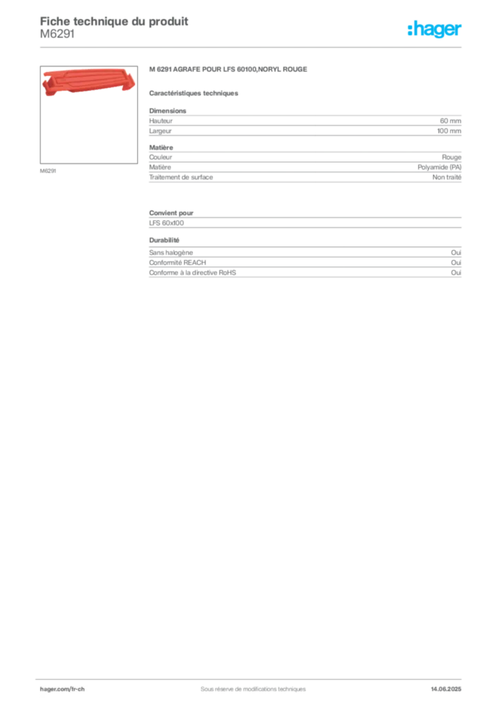 Image Hager Fiche technique du produit M6291 | Hager Suisse