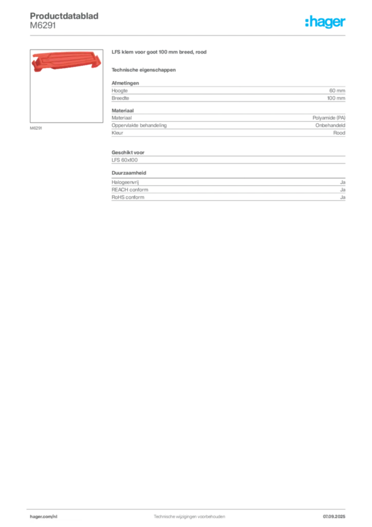 Afbeelding Hager Productdatablad M6291 | Hager Nederland