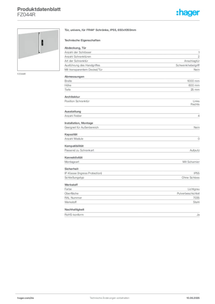 Bild Hager Produktdatenblatt FZ044R | Hager Deutschland
