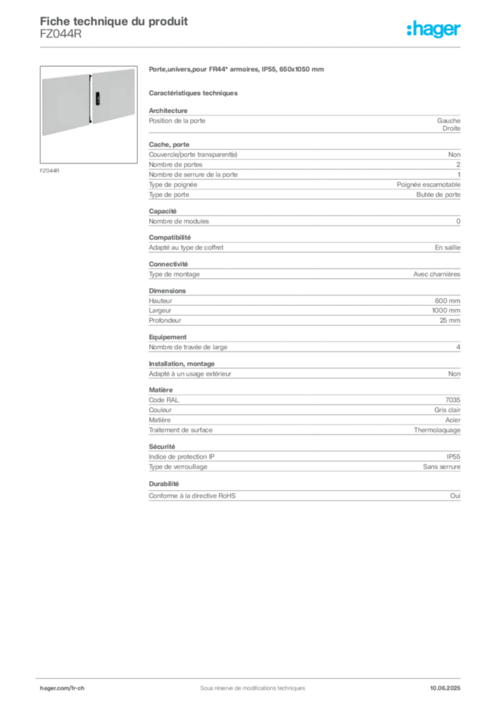 Image Hager Fiche technique du produit FZ044R | Hager Suisse