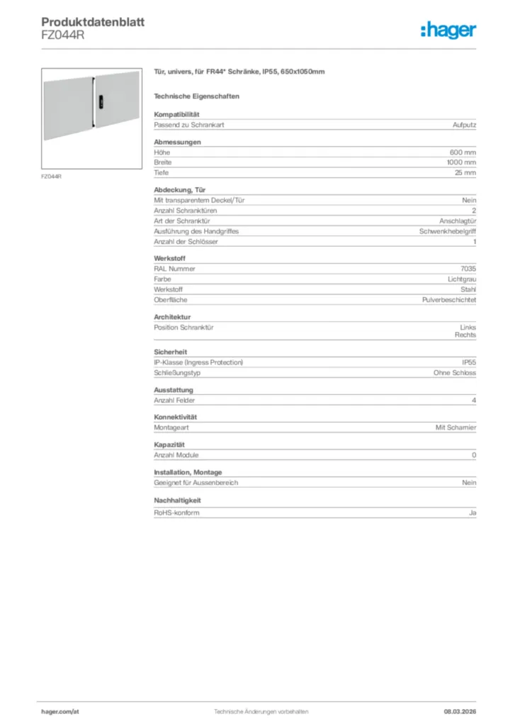 Bild Hager Produktdatenblatt FZ044R | Hager Deutschland