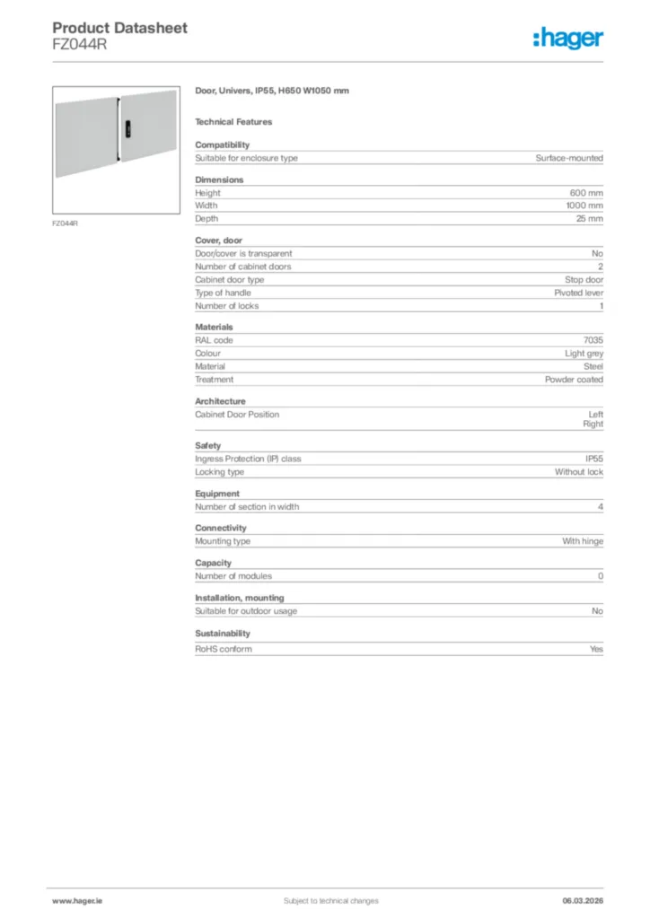 Image Hager Product data sheet FZ044R  | Hager